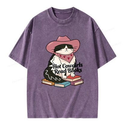 Pagewings Hot Cowgirls Read Books Unisex Washed T-shirt
