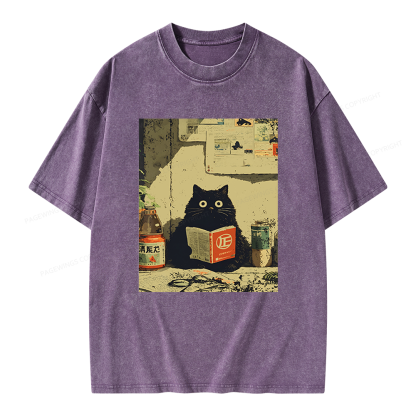 Pagewings Vintage Cat Book Unisex Washed T-shirt