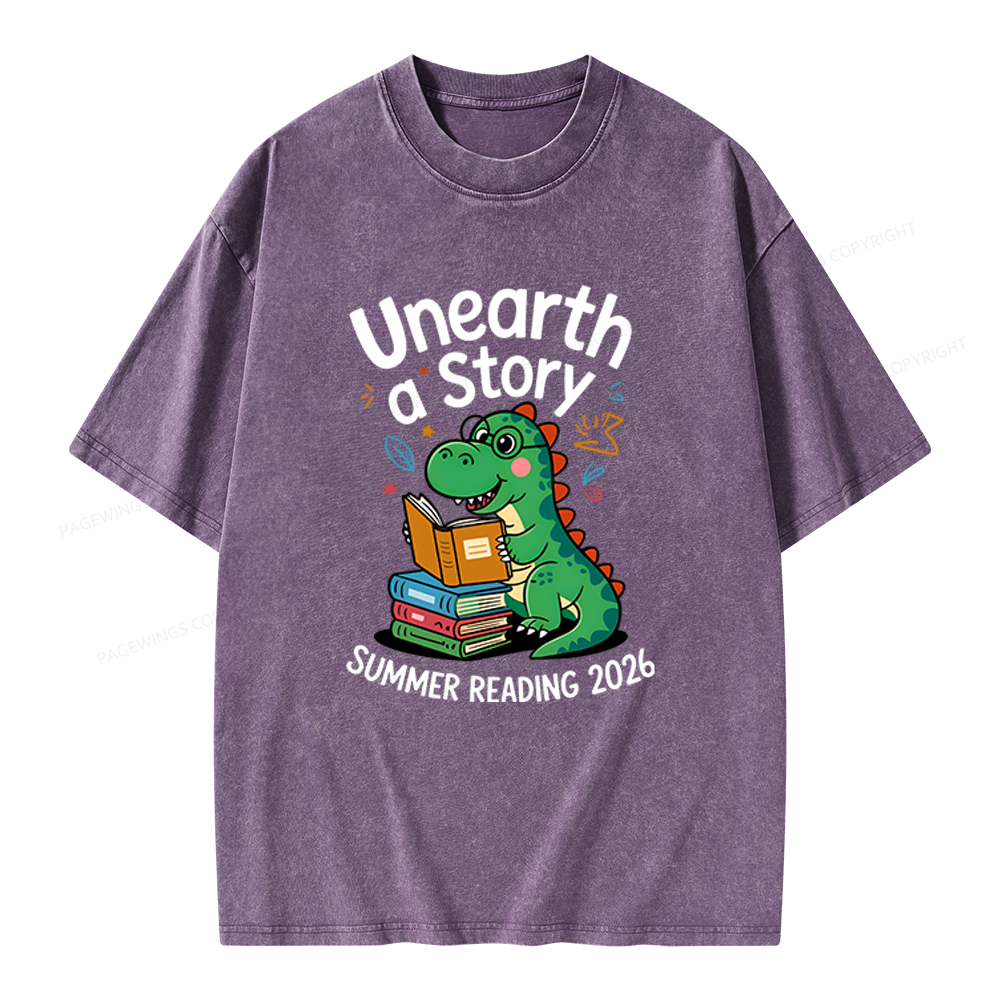 Pagewings Unearth a Story Dinosaur Summer Reading 2026 Unisex Washed T-shirt