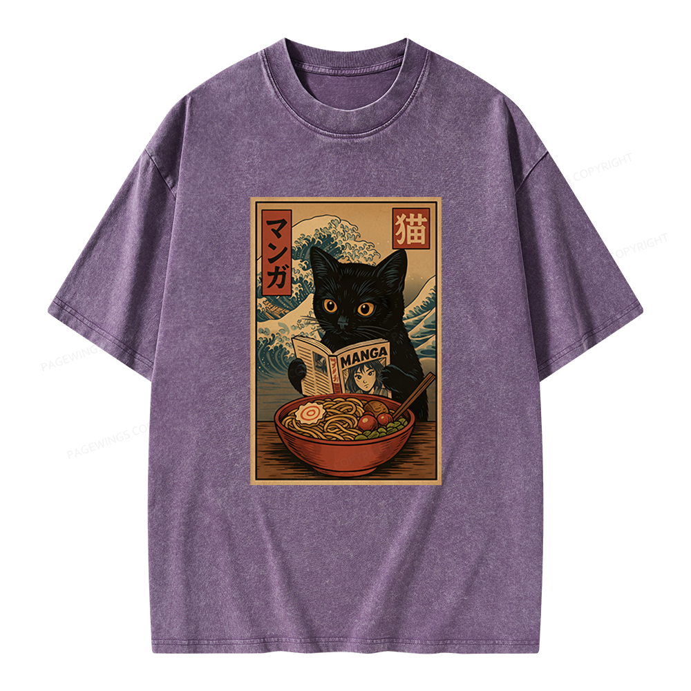 Pagewings Cat Reading Unisex Washed T-shirt