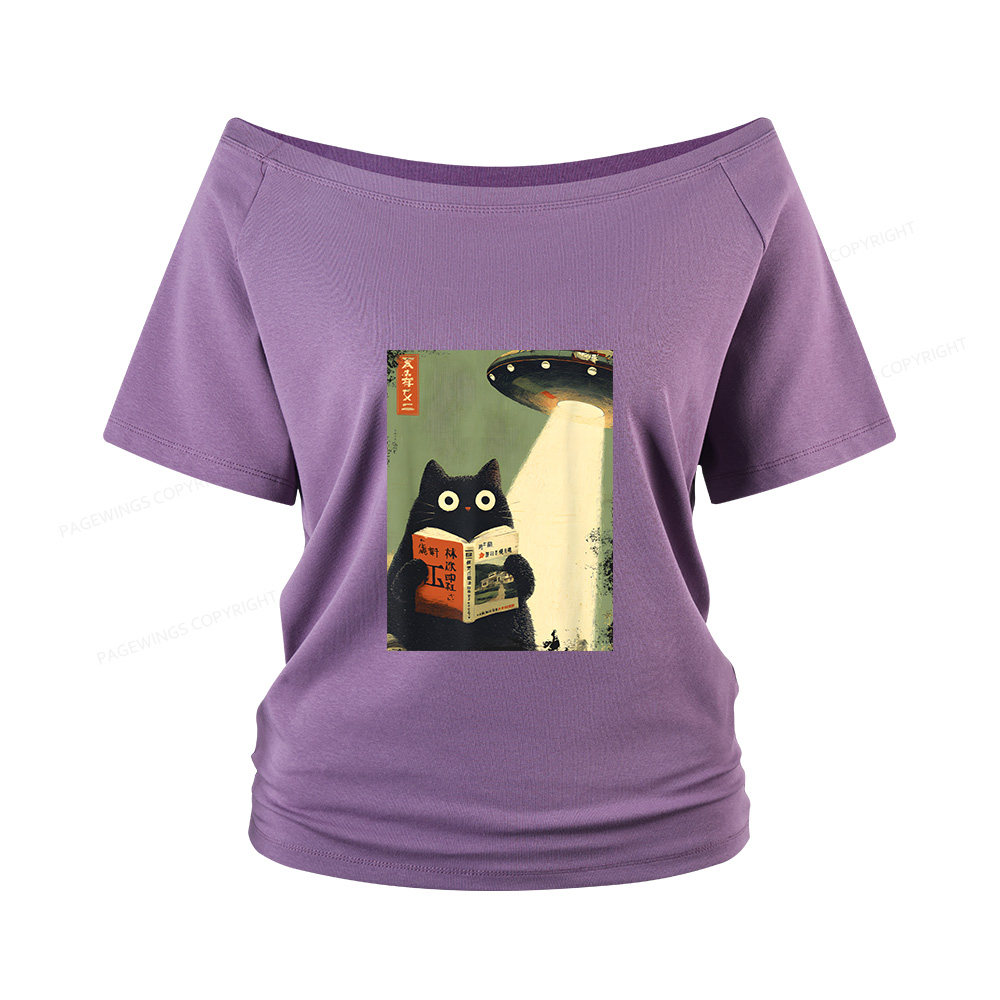 Pagewings Vintage Japanese Cat Book Lovers Women Off Shoulder T-shirts