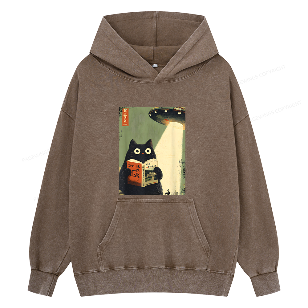 Pagewings Vintage Japanese Cat Book Lovers Unisex Washed Hoodie