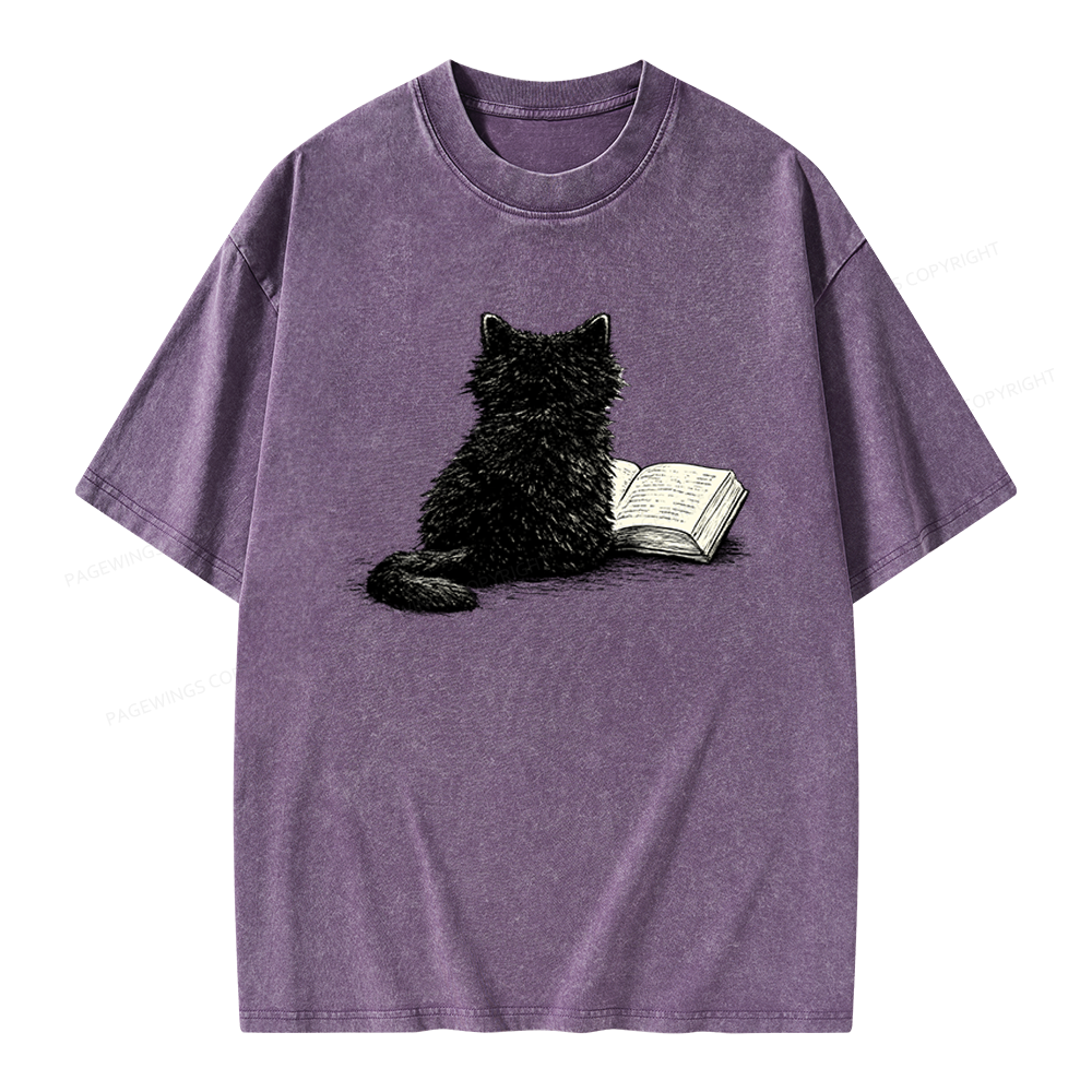 Pagewings Reading Cat Book Lover Unisex Washed T-shirt