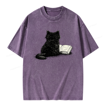 Pagewings Reading Cat Book Lover Unisex Washed T-shirt