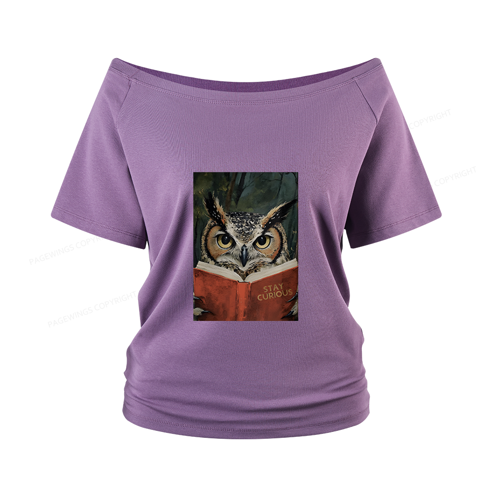Pagewings Owl Reading Women Off Shoulder T-shirts