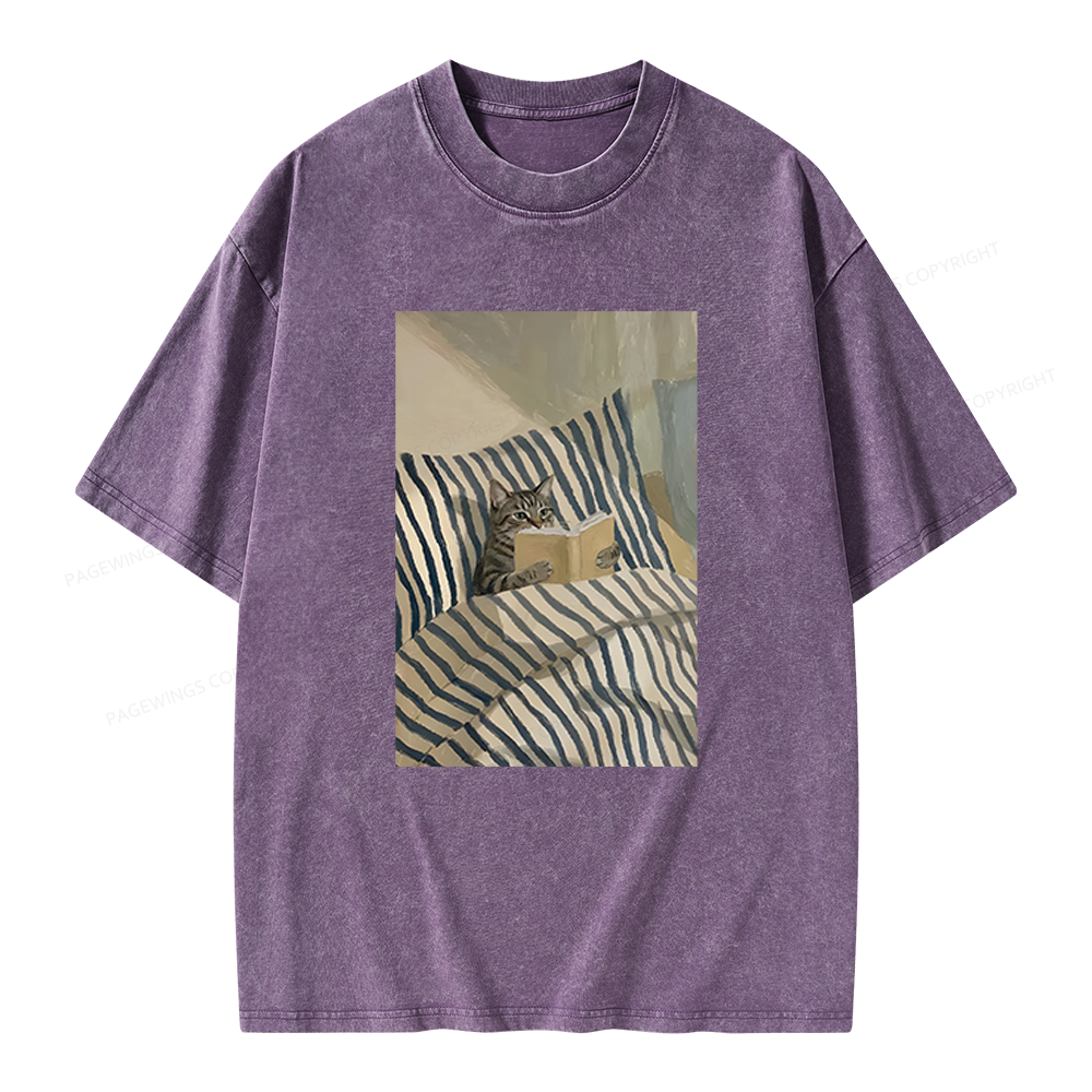 Pagewings Cat Reading Book In Bed Unisex Washed T-shirt