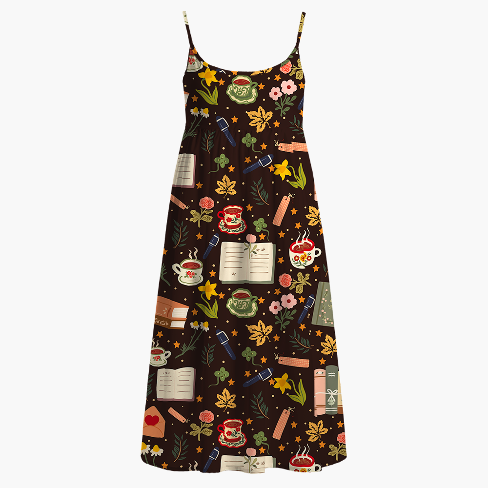 Pagewings Bohemian Book Lover Printed Spaghetti Strap Midi Sundress