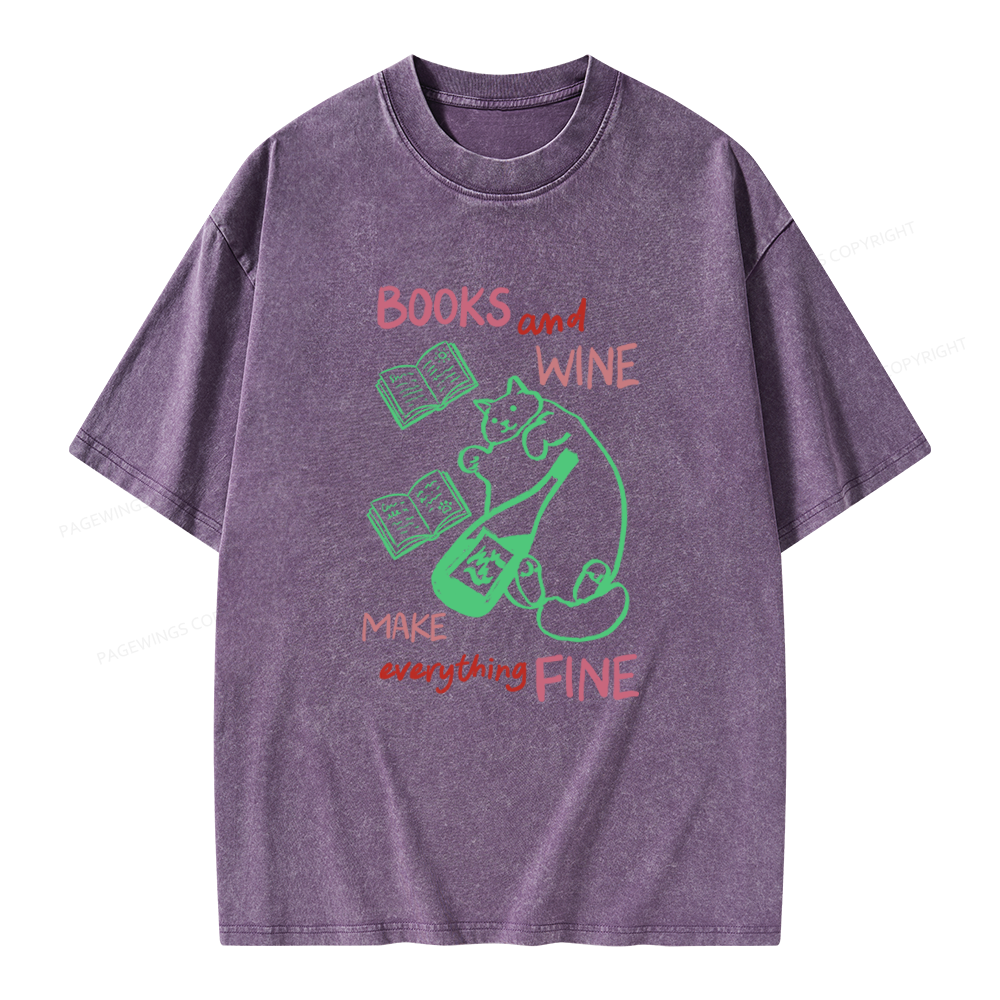 Pagewings Books And Wine Unisex Washed T-shirt