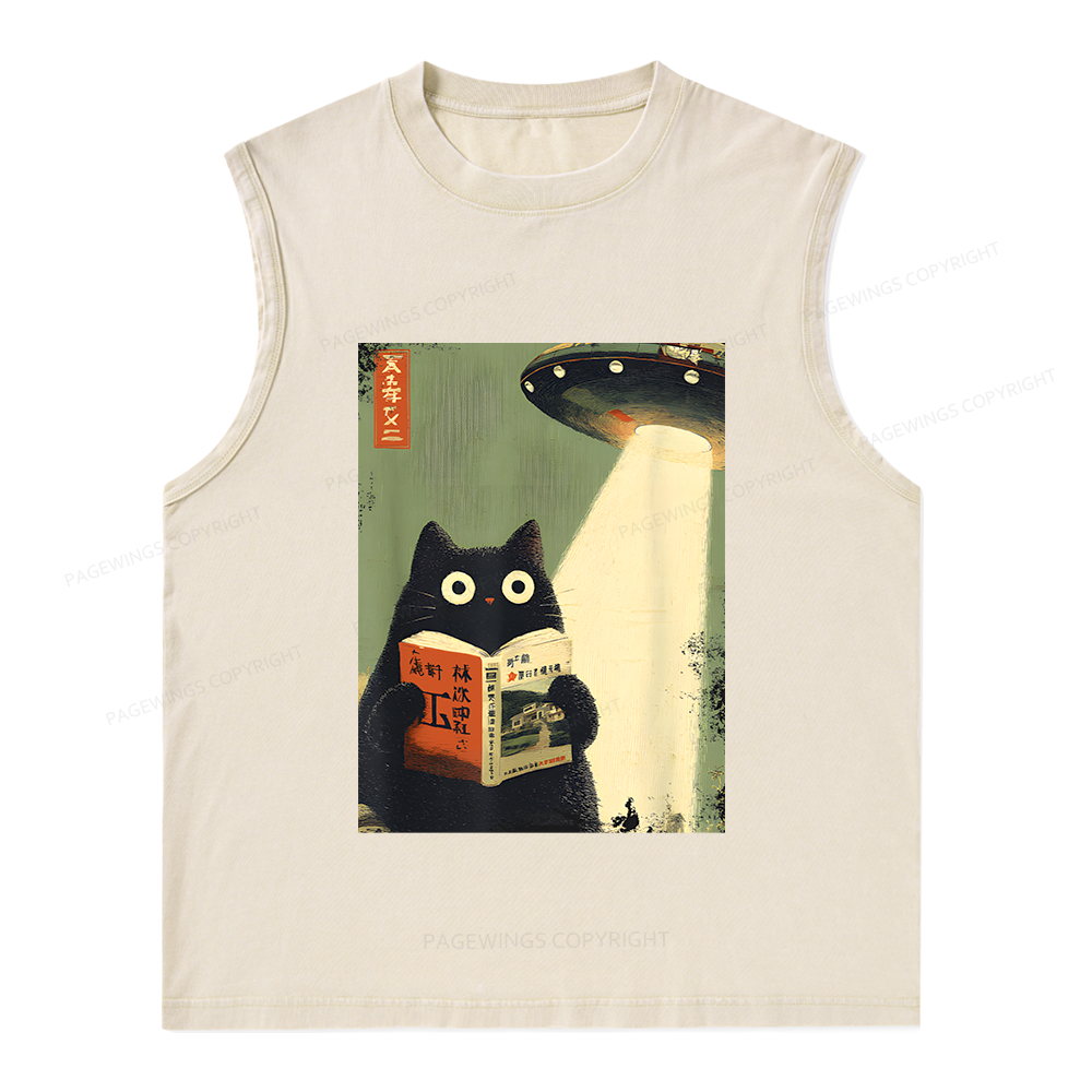 Pagewings Vintage Cat Book Lovers Unisex Washed Tank Top
