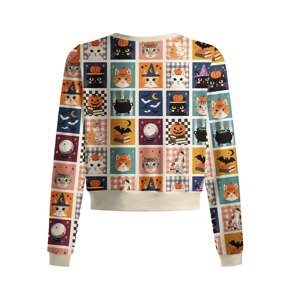 Pagewings Halloween Cat Reading Crew Neck Cardigan Sweaters