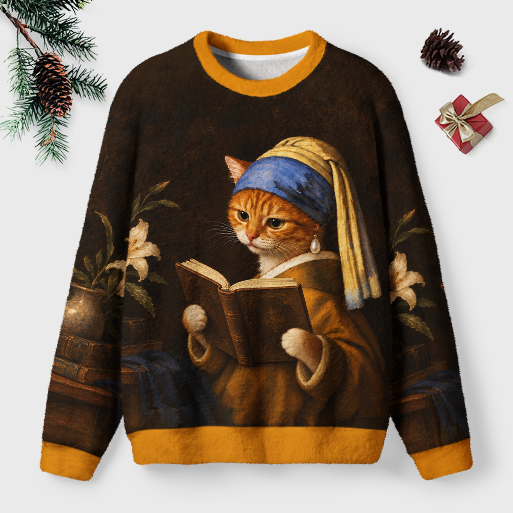 Pagewings Cat with a Pearl Earring Unisex Ugly Light Knit Sweatshirt