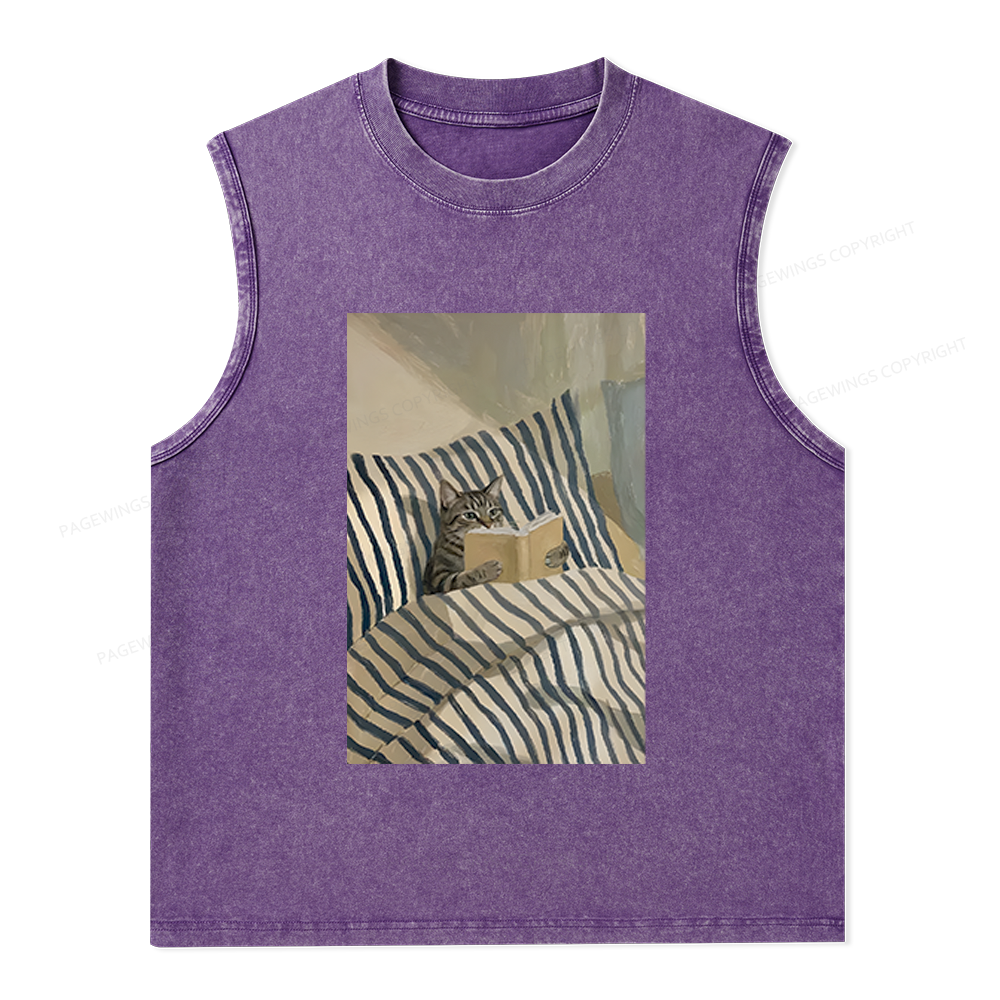 Pagewings Cat Reading Book Unisex Washed Tank Top
