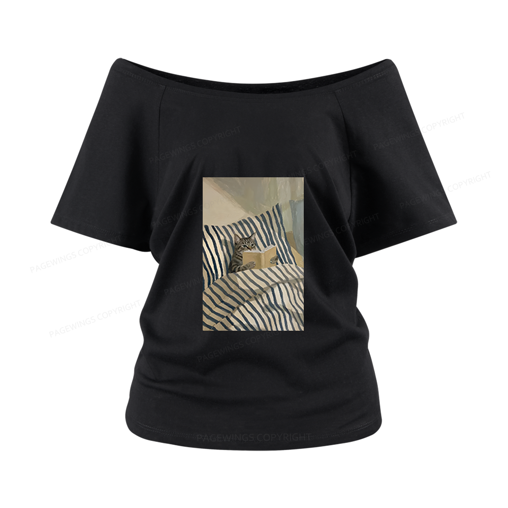 Pagewings Cat Reading Women Off Shoulder T-shirts