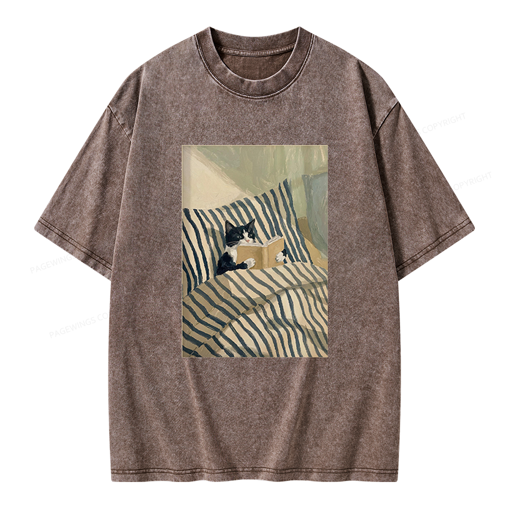 Pagewings Cat Reading Book Unisex Washed T-shirt