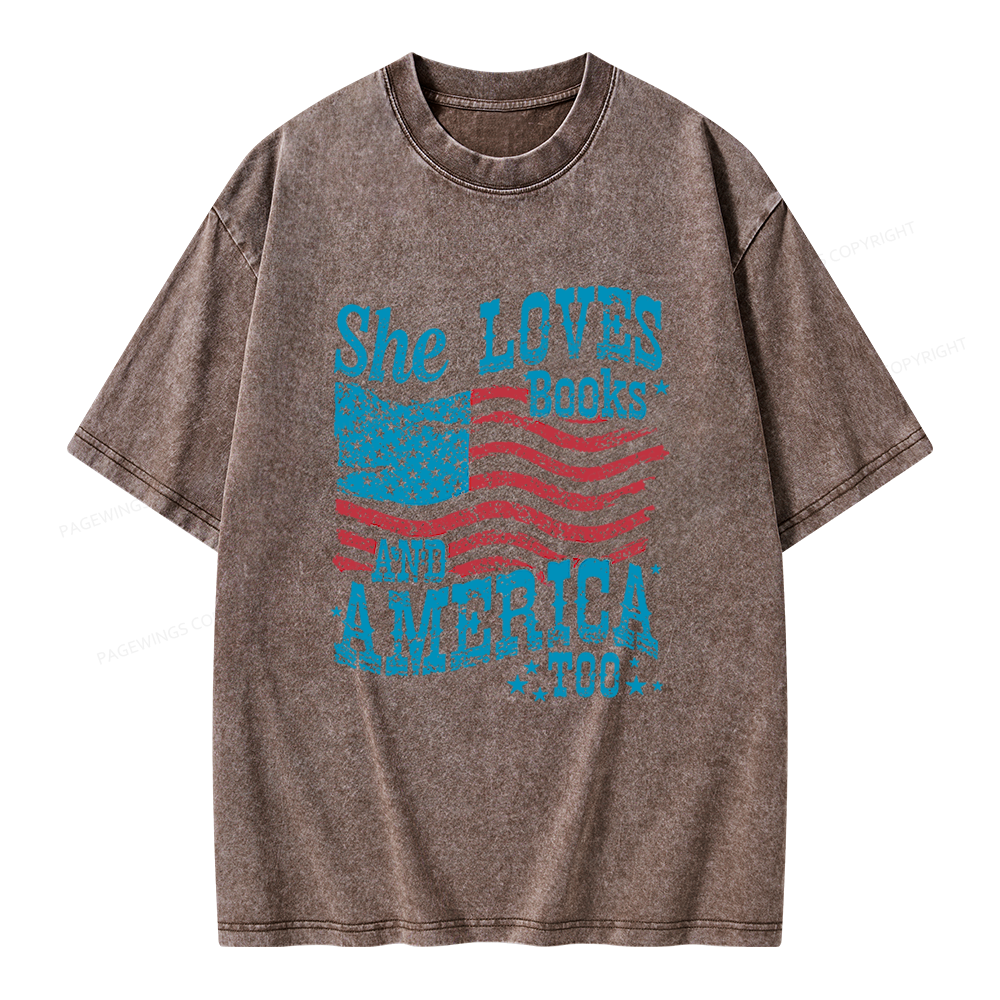 Pagewings She Loves Books And America Too Unisex Washed T-shirt