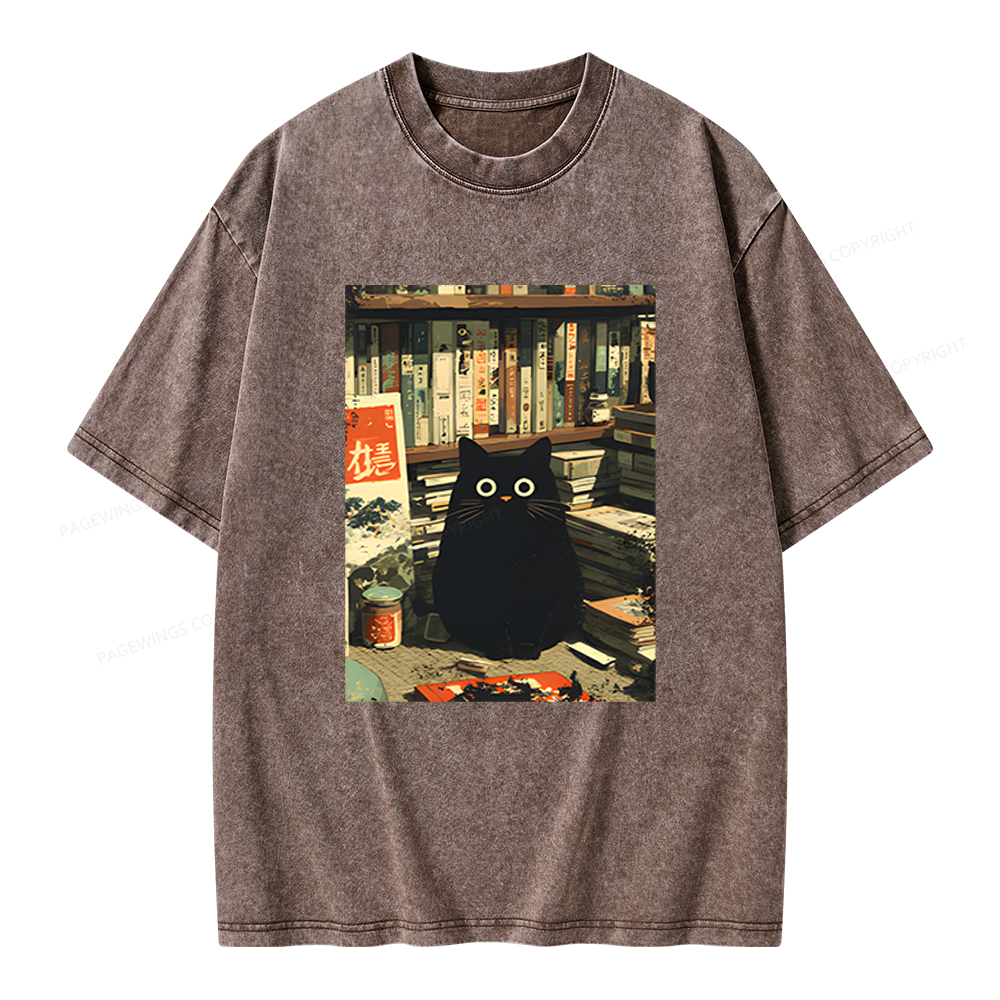 Pagewings Vintage Cat Book Lovers Unisex Washed T-shirt