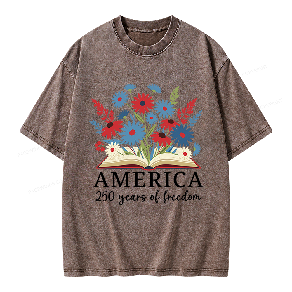 Pagewings Floral Patriotic America 250 Unisex Washed T-shirt