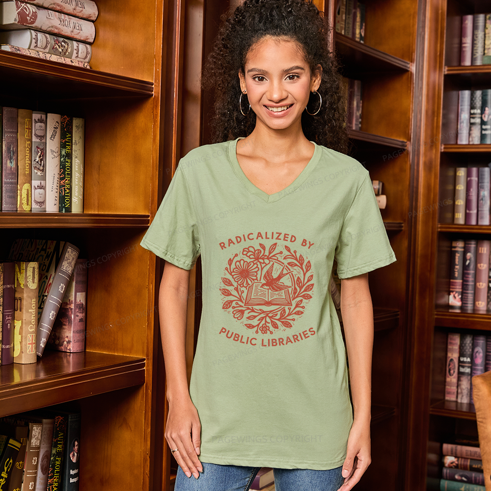 Pagewings Radicalized By Public Libraries V-neck T-shirt