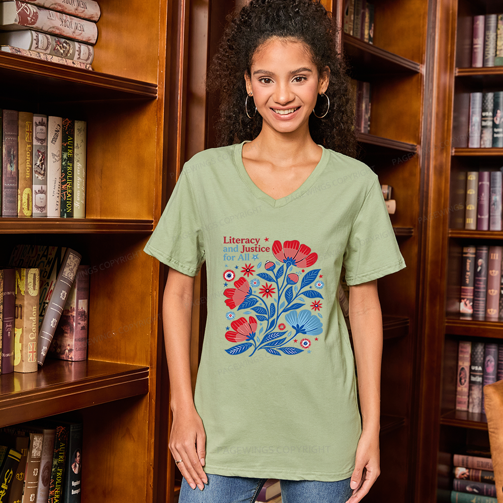 Pagewings Literacy and Justice for All V-neck T-shirt