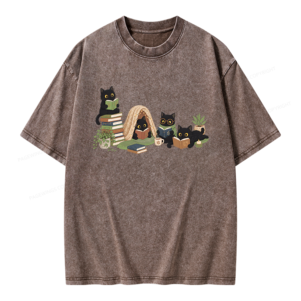 Pagewings Black Cat Reading Unisex Washed T-shirt