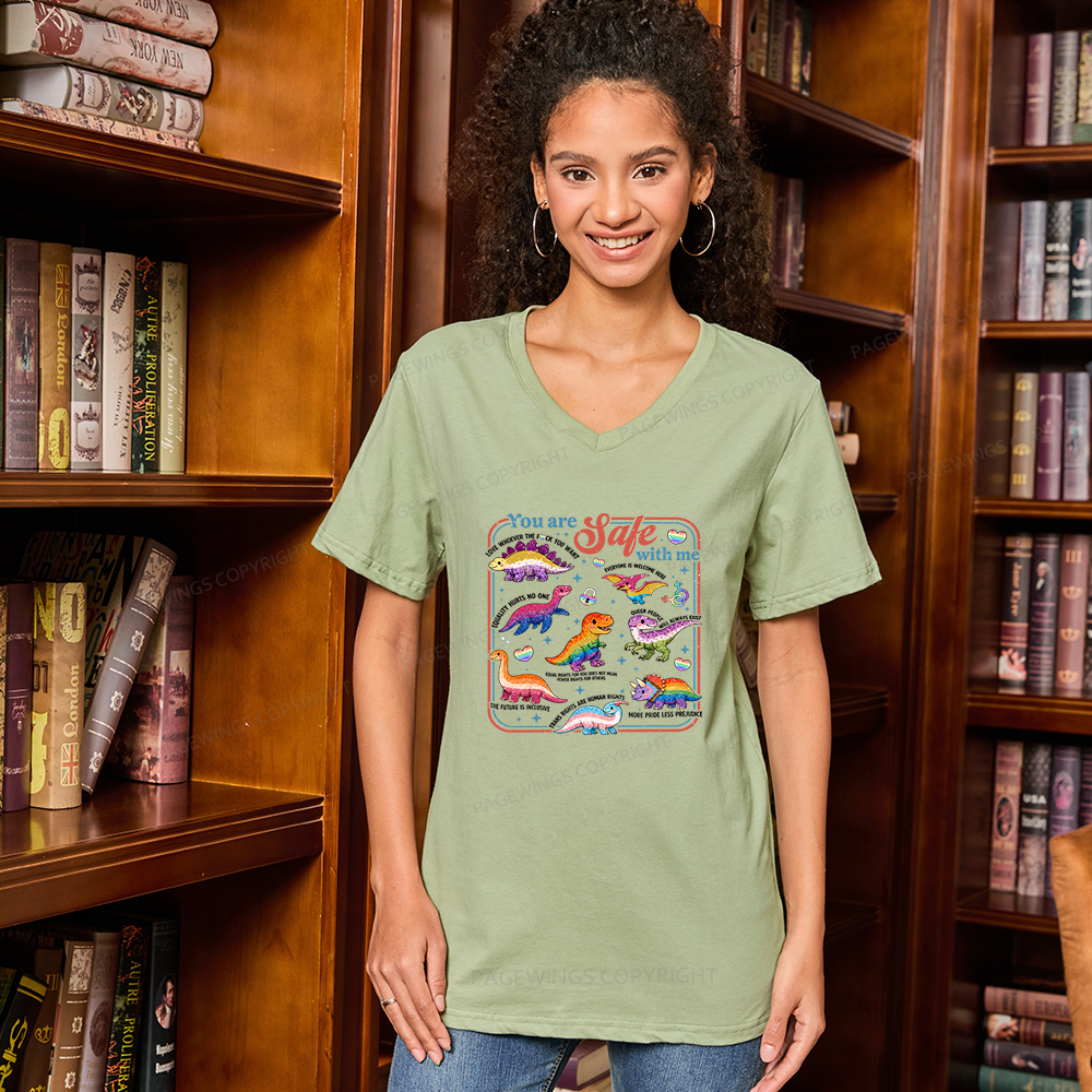 Pagewings Dinosaur Rainbow V-neck T-shirt