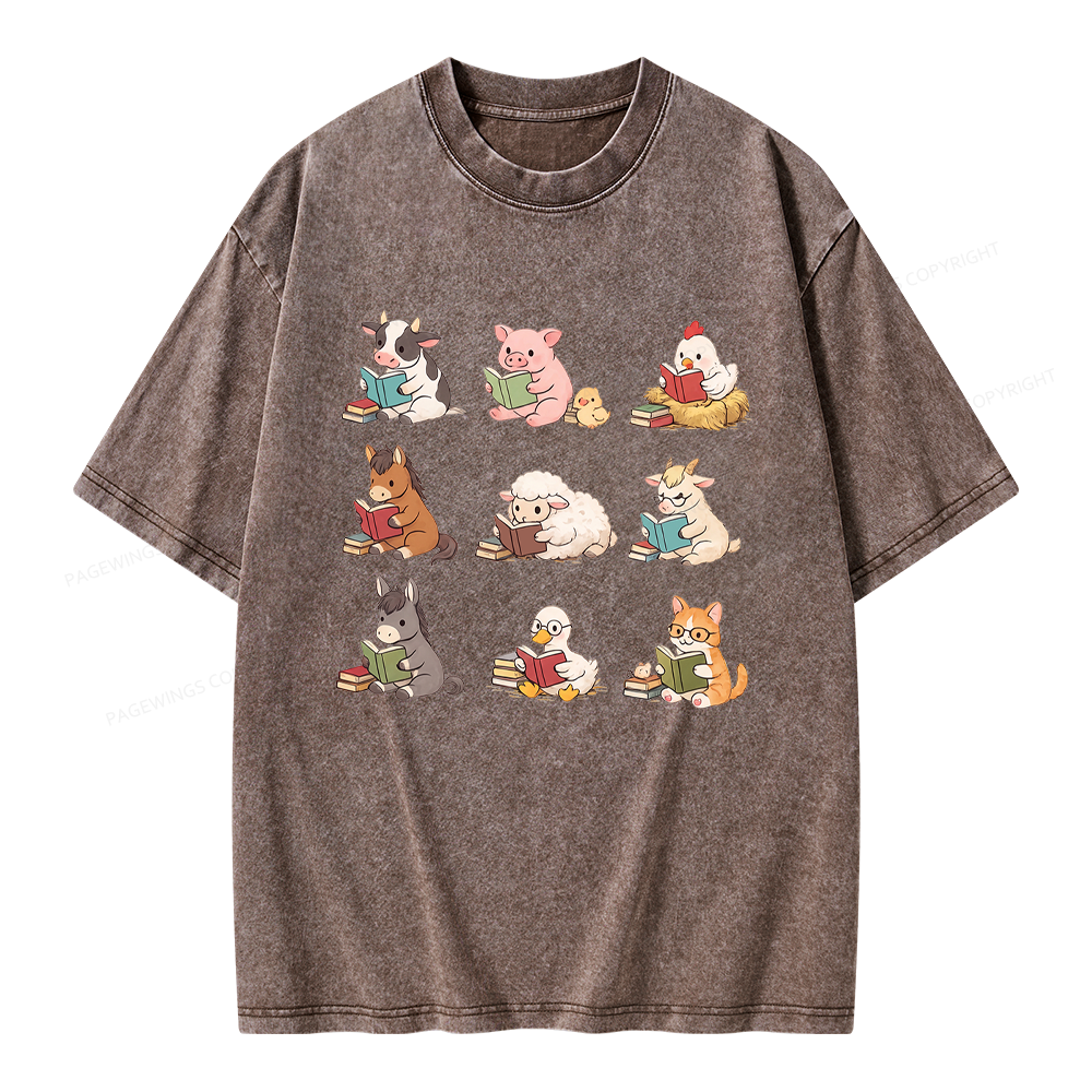 Pagewing Farm Animals Reading Unisex Washed T-shirt