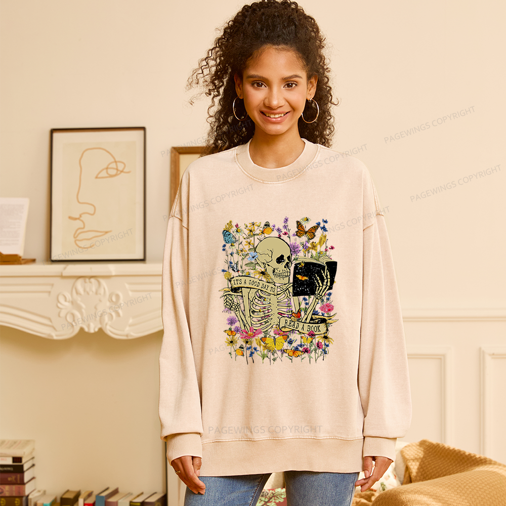 Pagewings Skull Skeleton Reading Book Unisex Washed Sweatshirt