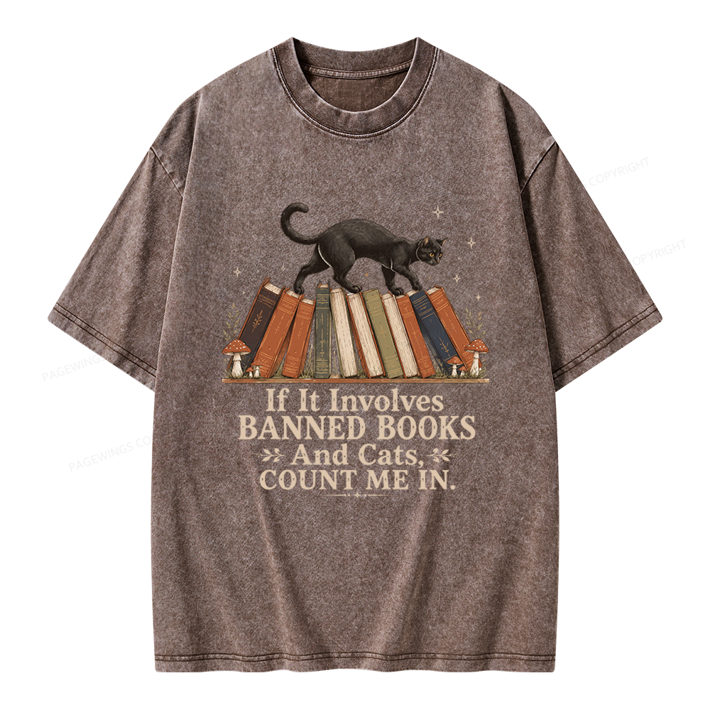 Pagewing Cat Read Banned Books Unisex Washed T-shirt