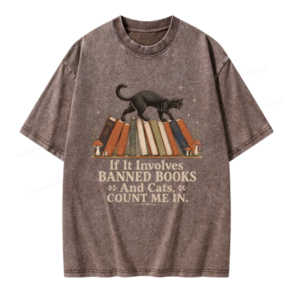 Pagewing Cat Read Banned Books Unisex Washed T-shirt