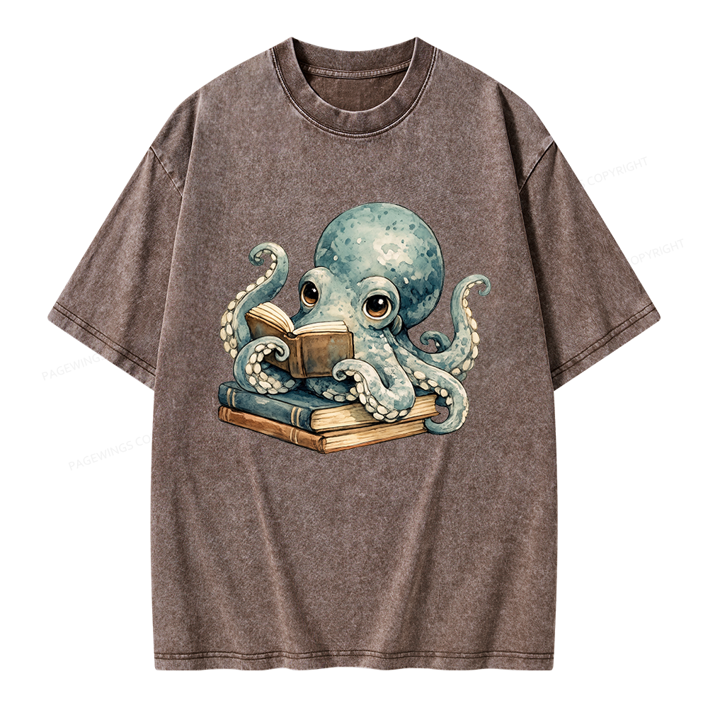 Pagewing Octopus Book Lover Unisex Washed T-shirt