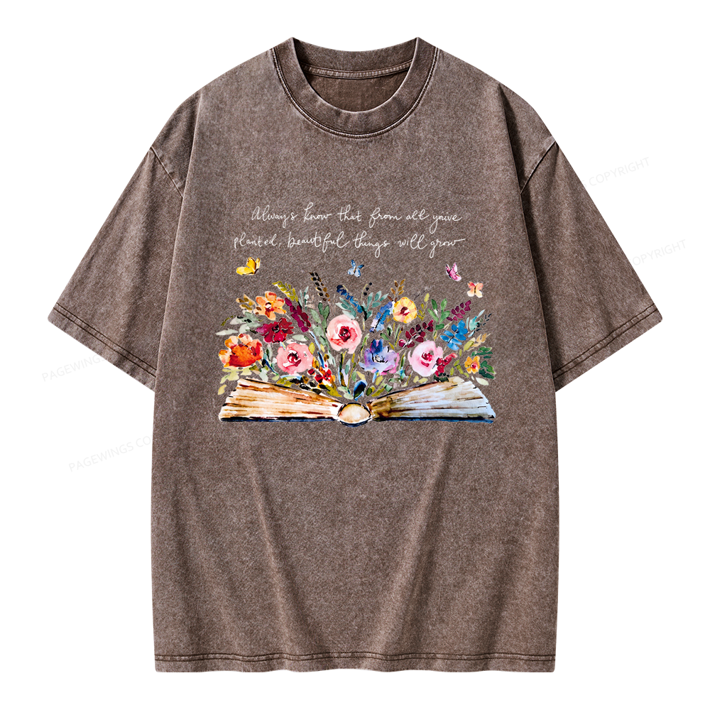 Pagewing Floral Book Unisex Washed T-shirt