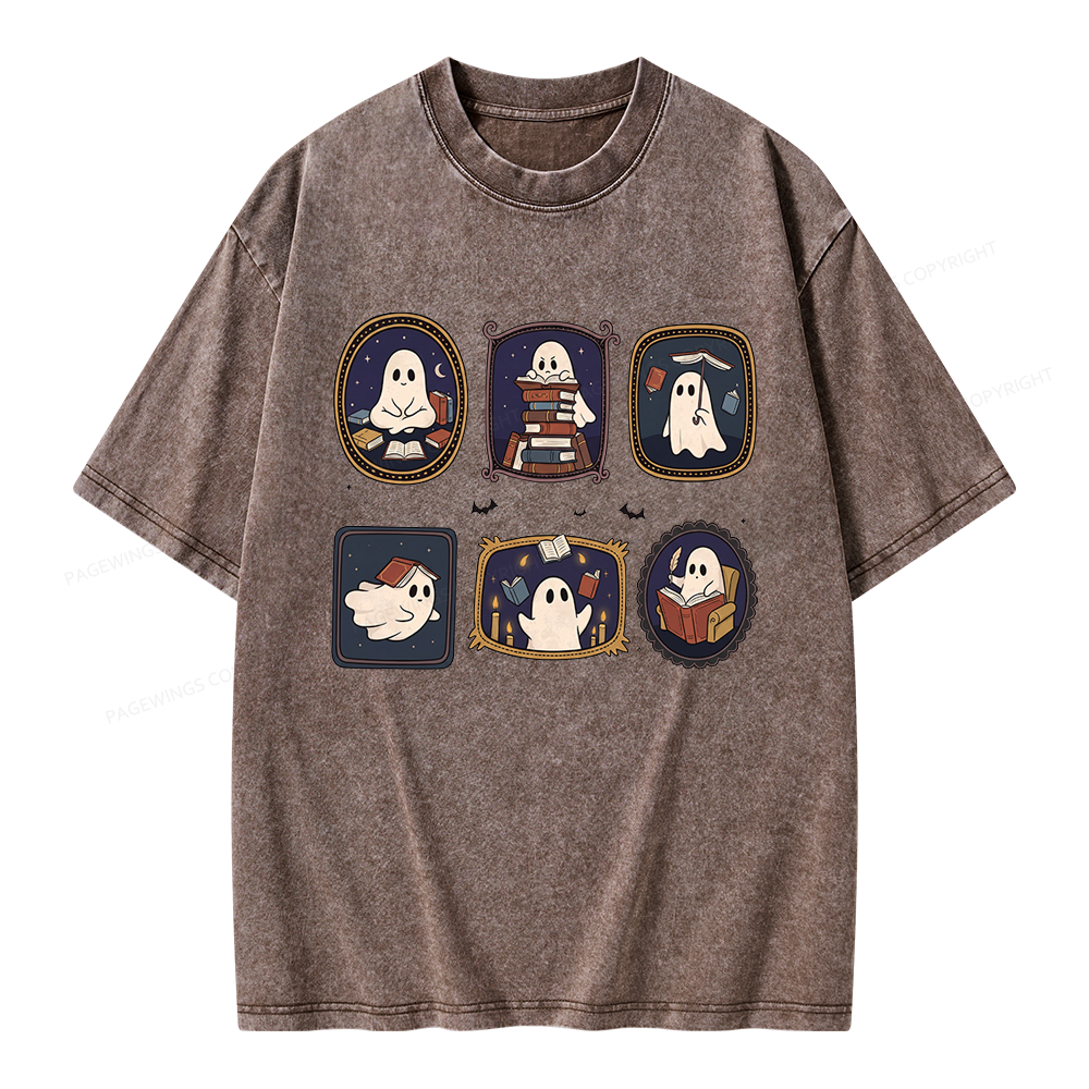 Pagewings Ghost Reading Book Unisex Washed T-shirt