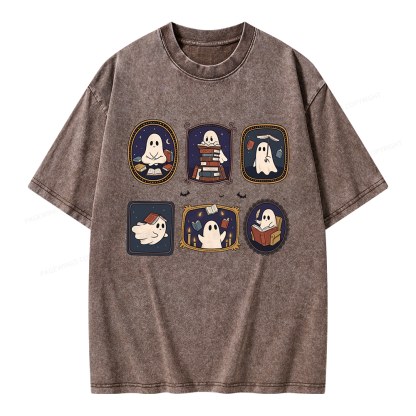 Pagewings Ghost Reading Book Unisex Washed T-shirt
