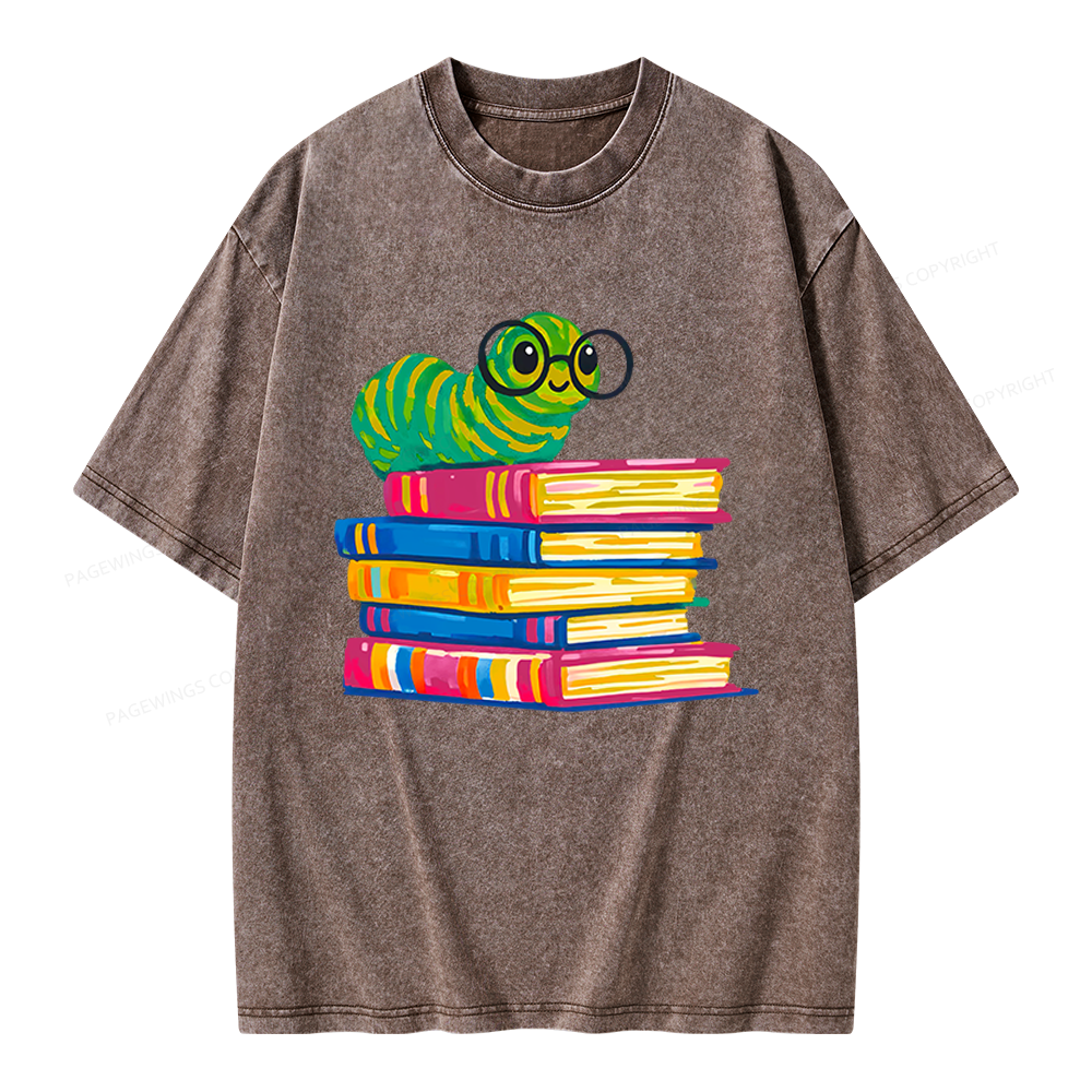 Pagewings Cute Reading Worm Unisex Washed T-shirt