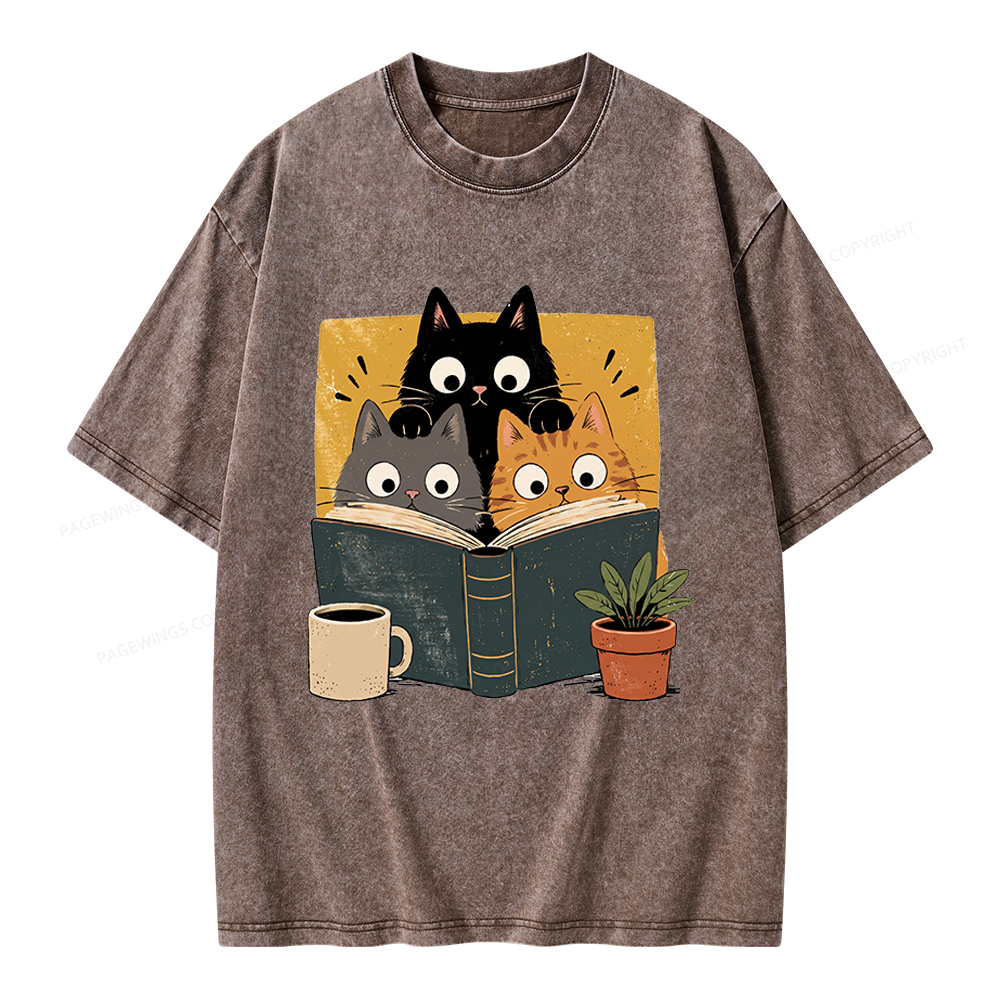 Pagewings Retro Curious Reading Cats Unisex Washed T-shirt