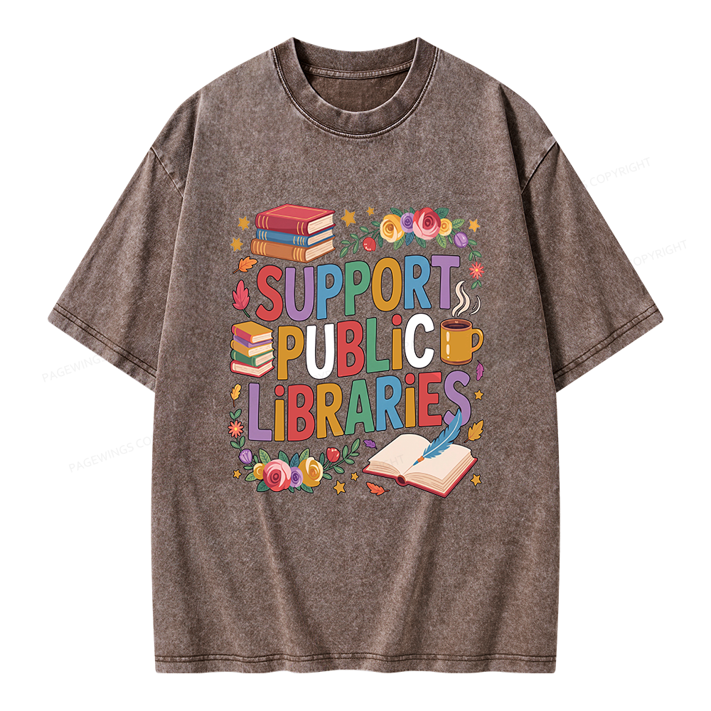 Pagewings Support Public Libraries Unisex Washed T-shirt