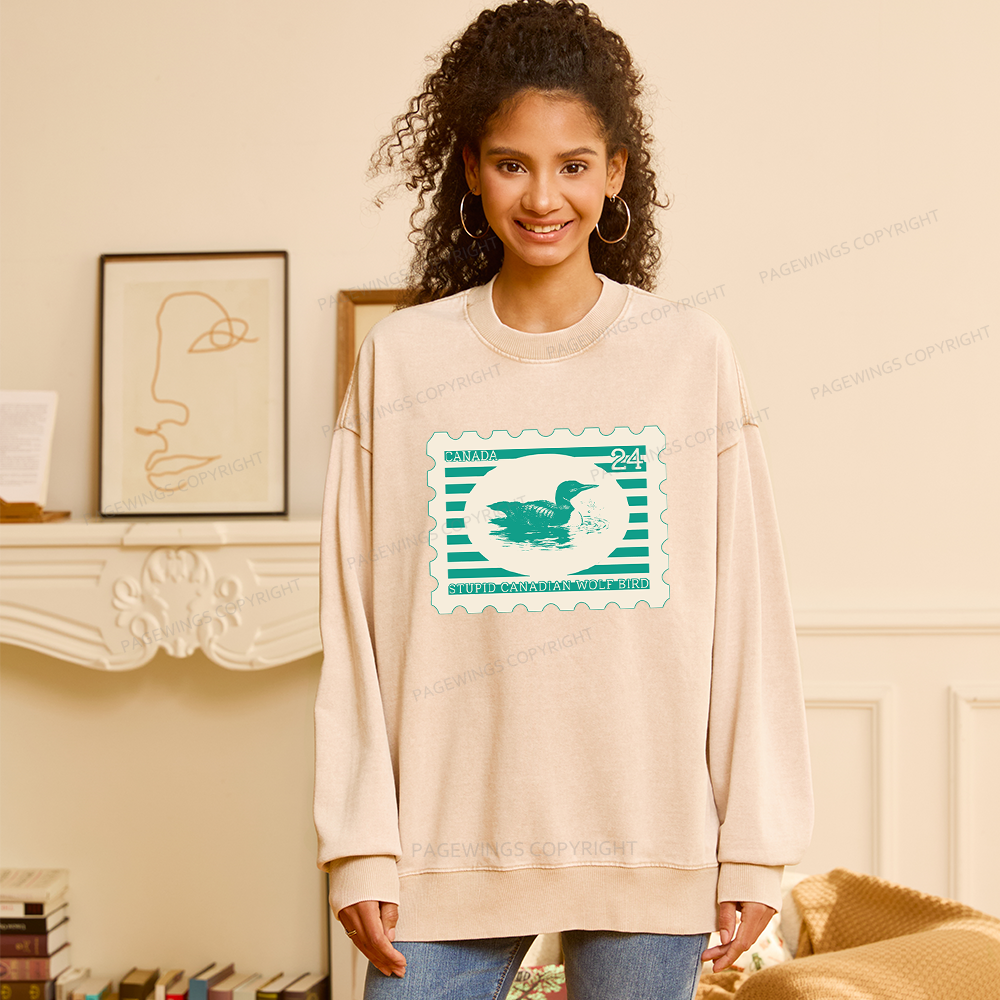 Pagewings Stupid Canadian Wolf Bird Unisex Washed Sweatshirt