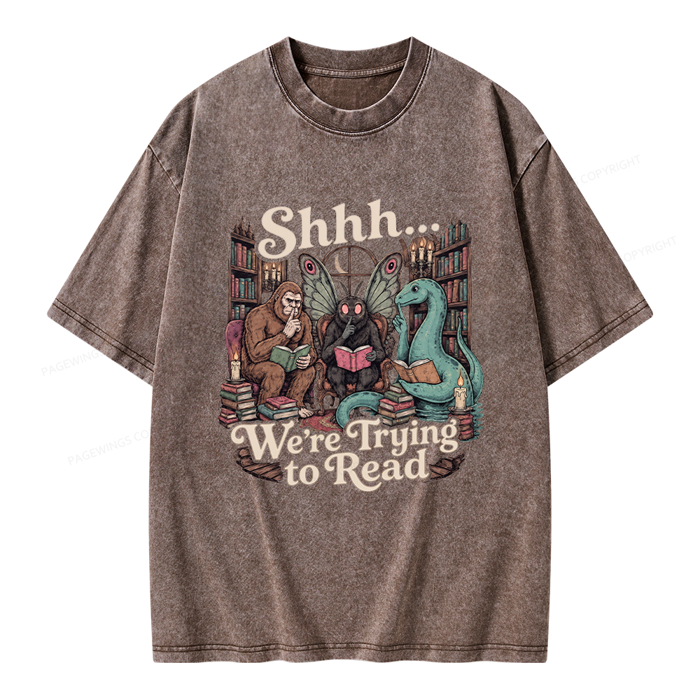 Pagewings Shhh We're Trying to Read Unisex Washed T-shirt