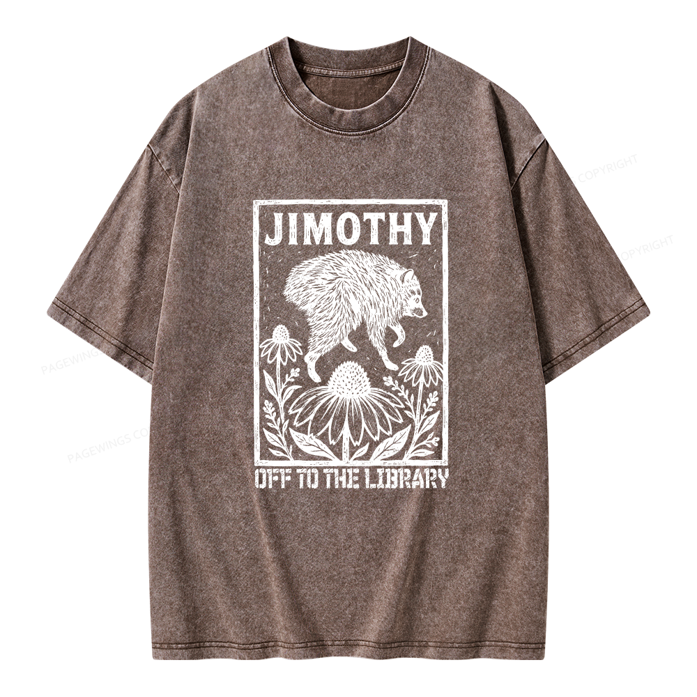 Pagewings Raccoon Meme Off To The Library Unisex Washed T-shirt