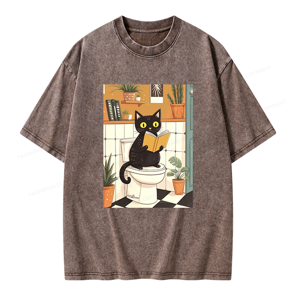 Pagewings Cat Reading on Toilet Unisex Washed T-shirt