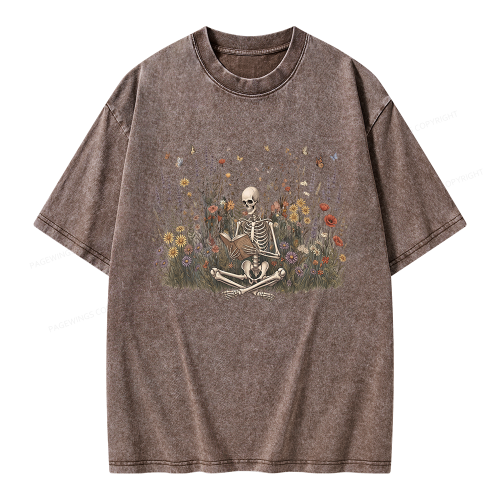 Pagewings Skeleton Reading Book Unisex Washed T-shirt