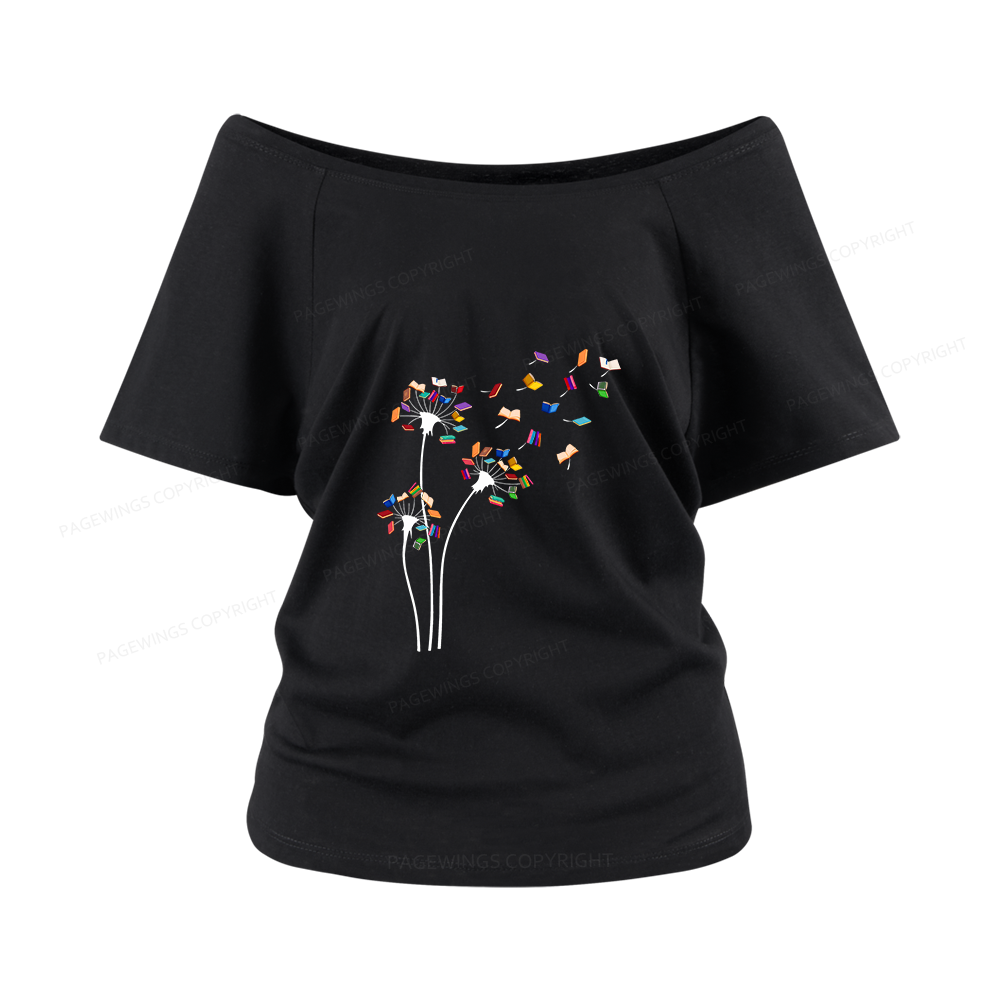 Pagewings Cute Dandelion Books Flower Fly Women Off Shoulder T-shirts