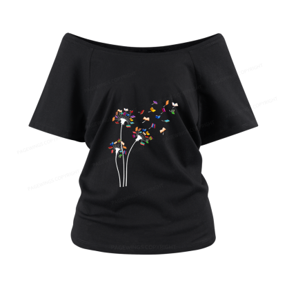 Pagewings Cute Dandelion Books Flower Fly Women Off Shoulder T-shirts
