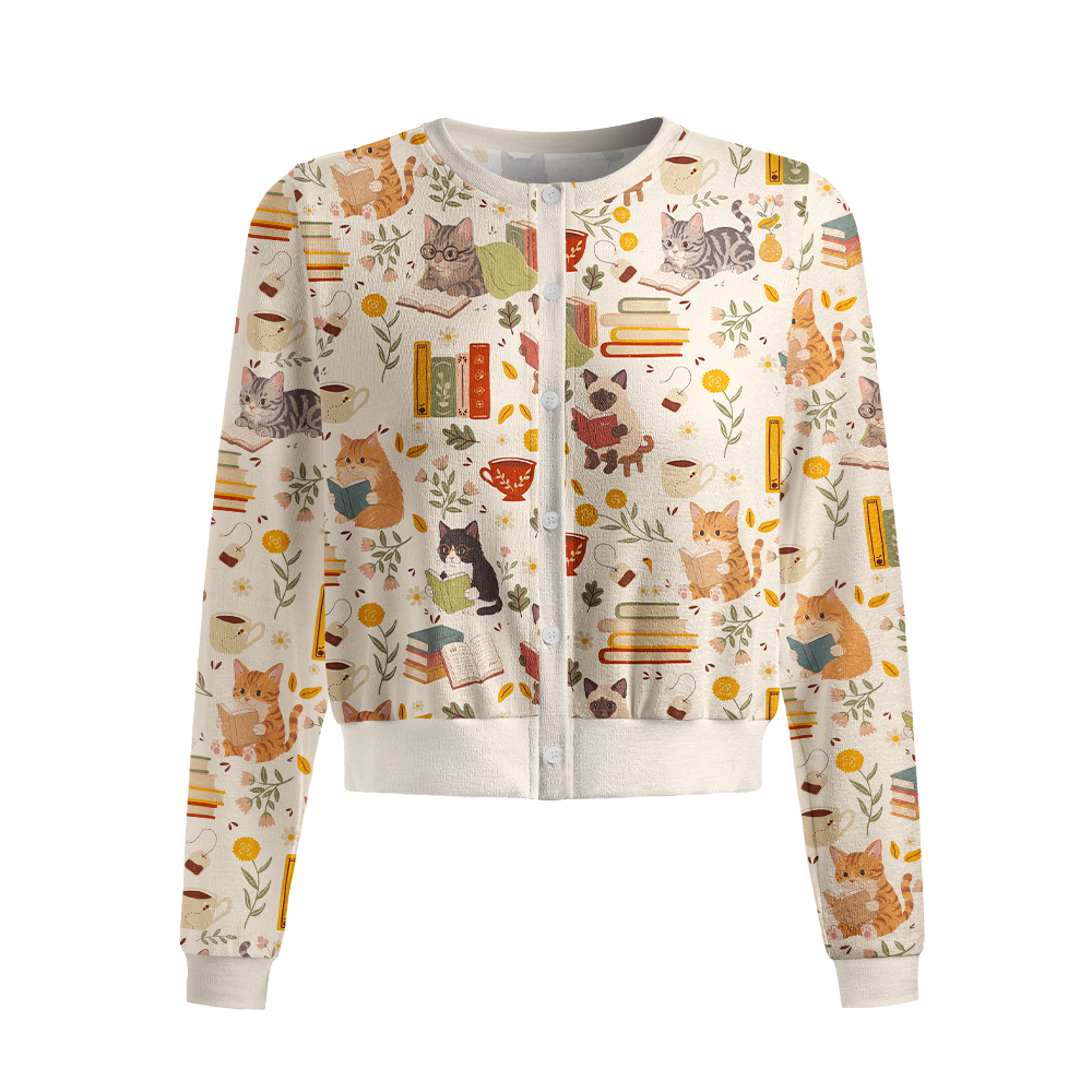 Pagewings Reading Cat Crew Neck Cardigan Sweaters