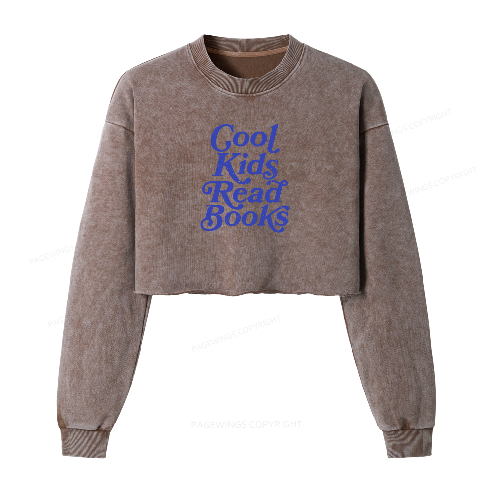 Pagewings Cool Kids Read Books Women Washed Crop Sweatshirt