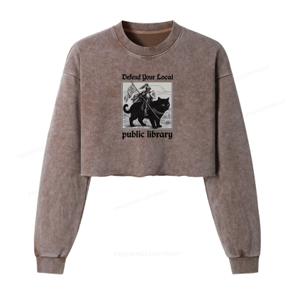 Pagewings Defend Your Local public library Women Washed Crop Sweatshirt