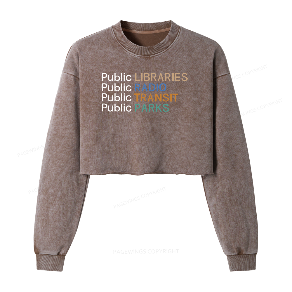 Pagewings Public Libraries Radio Transit Parks Women Washed Crop Sweatshirt