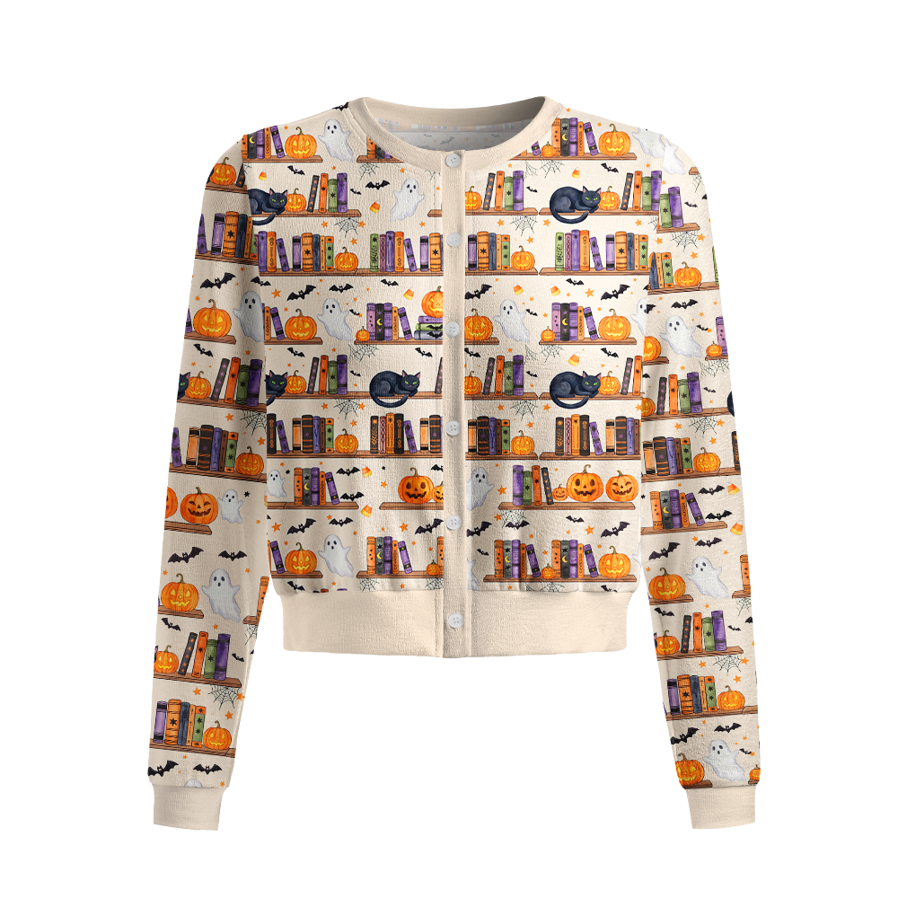 Pagewings Halloween Bookish Crew Neck Cardigan Sweaters