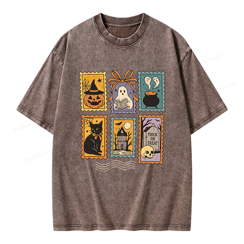 Pagewings Halloween Cute Ghost Pumpkin Cat Unisex Washed T-shirt