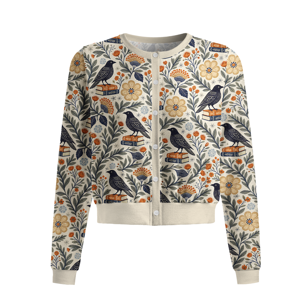 Pagewings Reading Crow Crew Neck Cardigan Sweaters